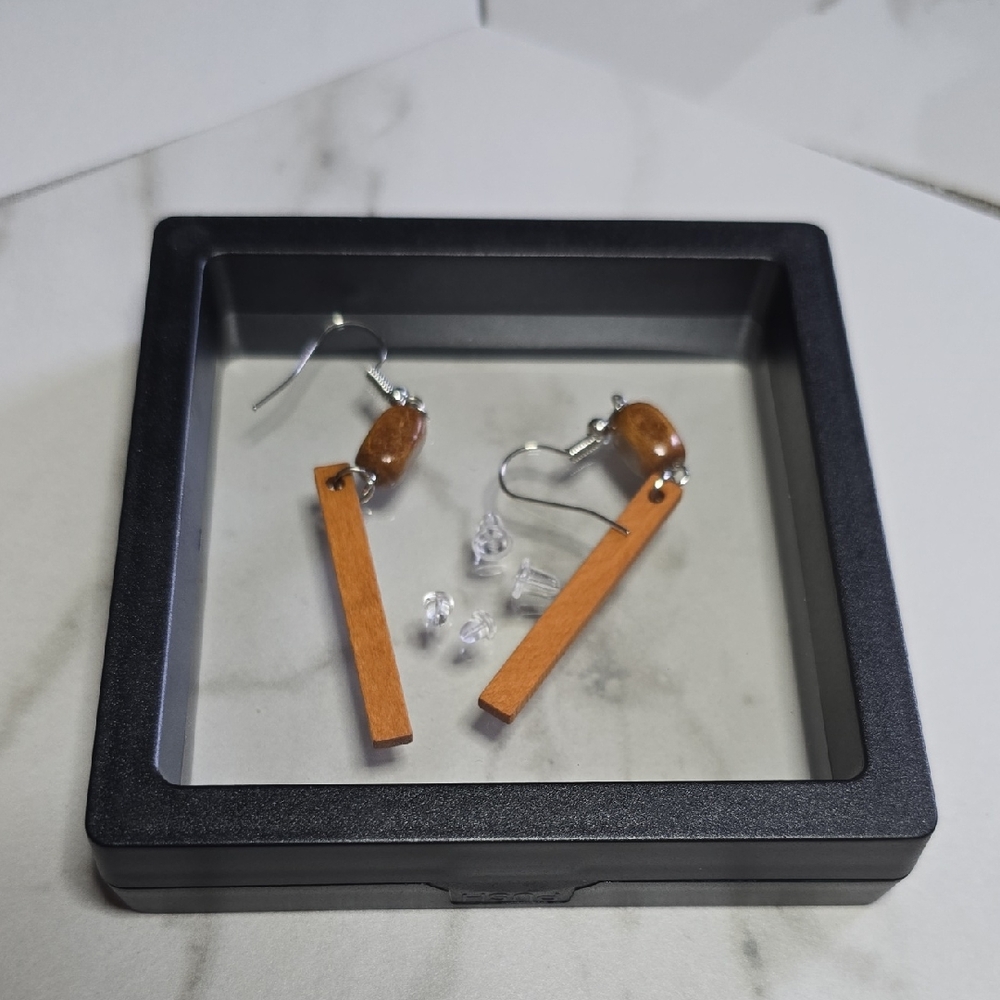 Wooden and Silver Dangle Earrings